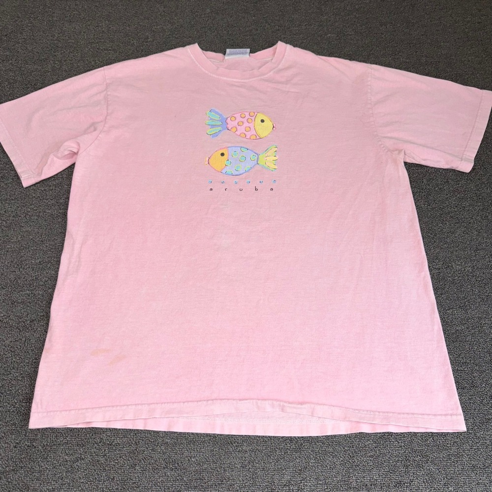 Vintage Fresh Produce Aruba Fish Graphic T-Shirt Pink XL Cotton Made in USA